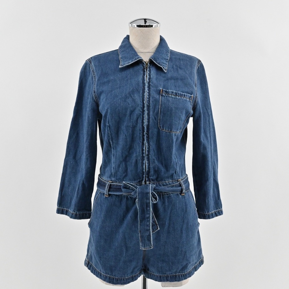 Free People Green River One-Piece Size 2 Denim Romper Boho Western Zip Up Belted